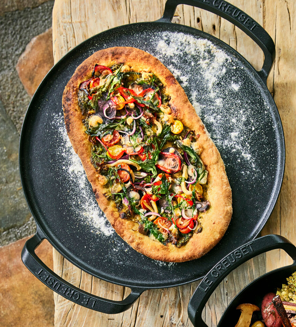 Vegetable Flatbread with Almond Arugula Pesto